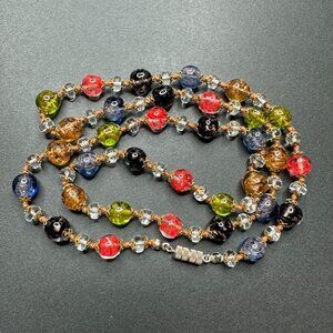 Venetian Vtg Art Glass Bead Necklace 26" Multicolor Gold Tone Fleck Foil READ